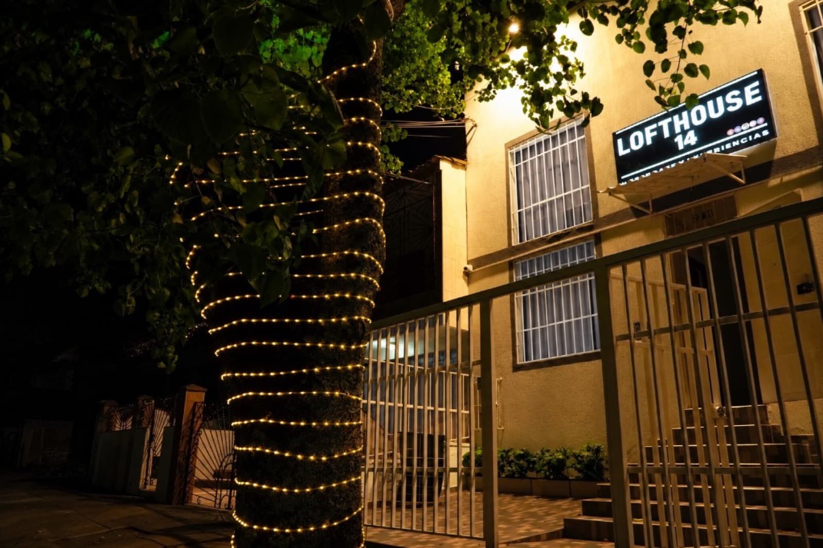 Fachada nocturna iluminada